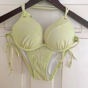 Victorias Secret Bikini Push Up 34B Small Neon Ruched Gold Accents Sexy